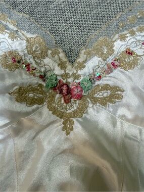 Ivory Satin Slip with Gold Lace Trim and Floral Embellishments